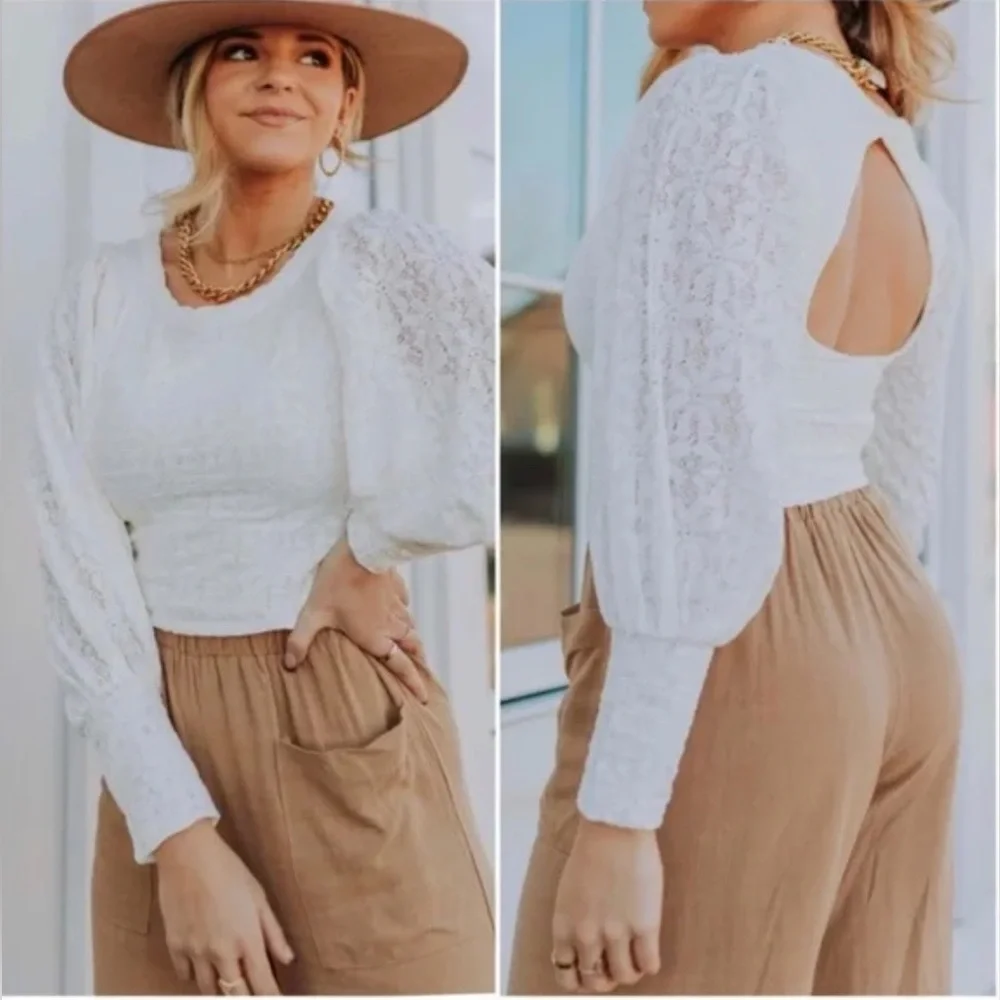 Free People Cream Textured Puff-Sleeve Crop Top